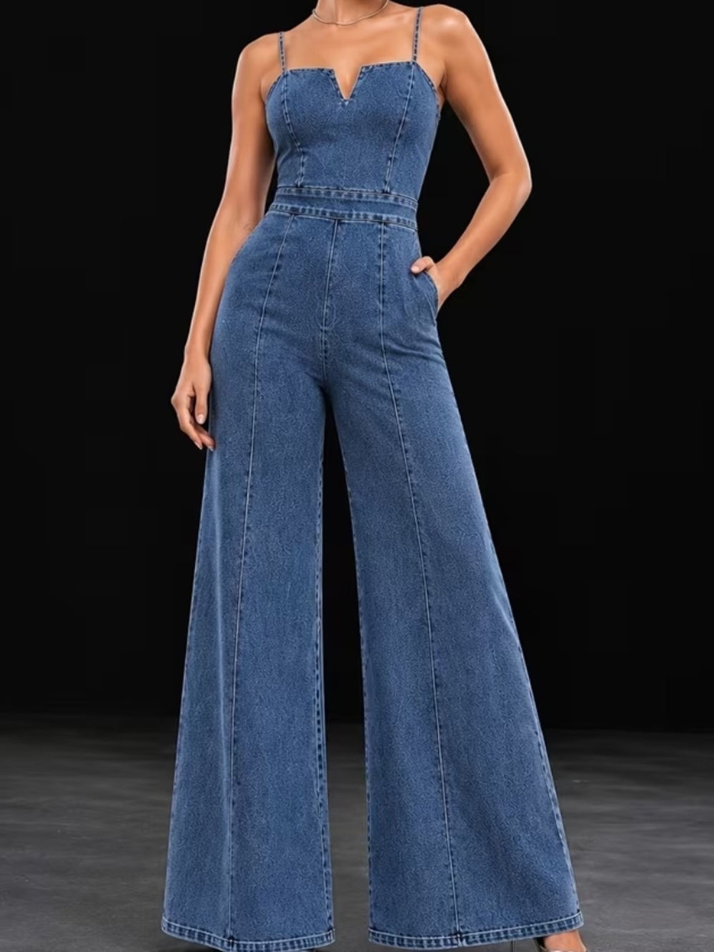 Denim Wide-Leg Jumpsuit with Spaghetti Straps - Blue
